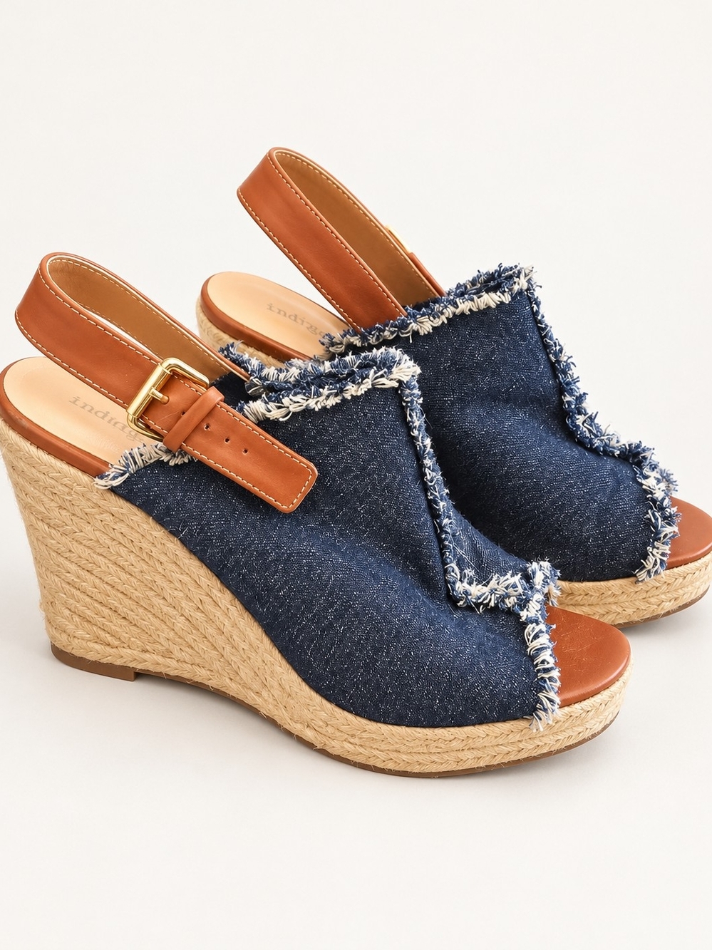 Indigo Denim Frayed Espadrille Wedge Slingbacks - Blue and Tan